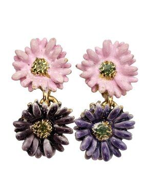 Pink Purple Green Enamel Flower Clip On Earrings J674